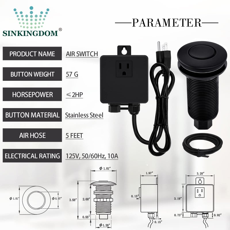 SINKINGDOM Garbage Disposal SinkTop Air Switch Kit with Long Button,Brass Made Cover,UL,Matte Black - Image 2